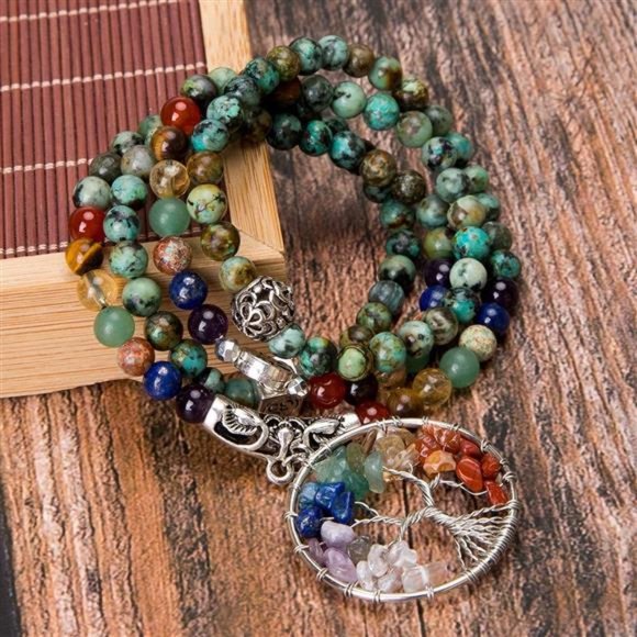 108 Mala Beads Bracelet - 7 Chakra Tree of Life Real Healing Gemstone Neclace - Picture 1 of 4